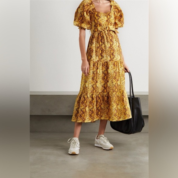 NWT FAITHFULL THE BRAND Rumi Belted Tiered Snake-Print Linen Midi Dress - Picture 3 of 5